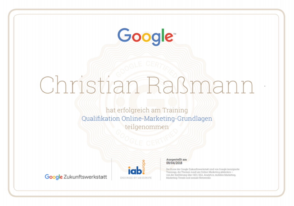 Google Zukunftswerkstatt Online-Marketing Zertifikat